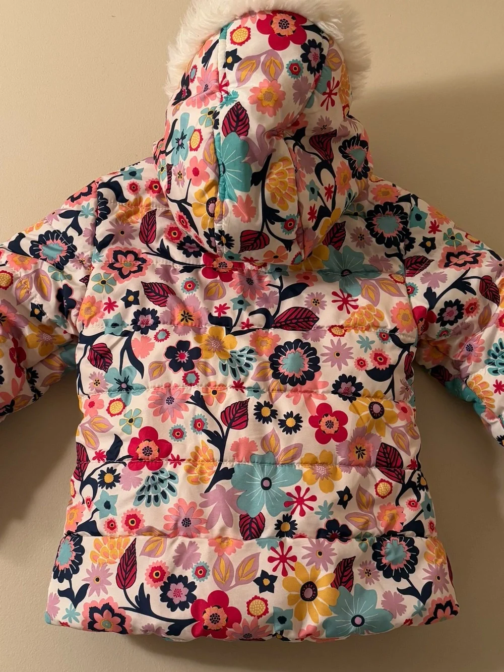 Girls Puffer Hooded Coat with Pink Floral Print Size 24M / 2T